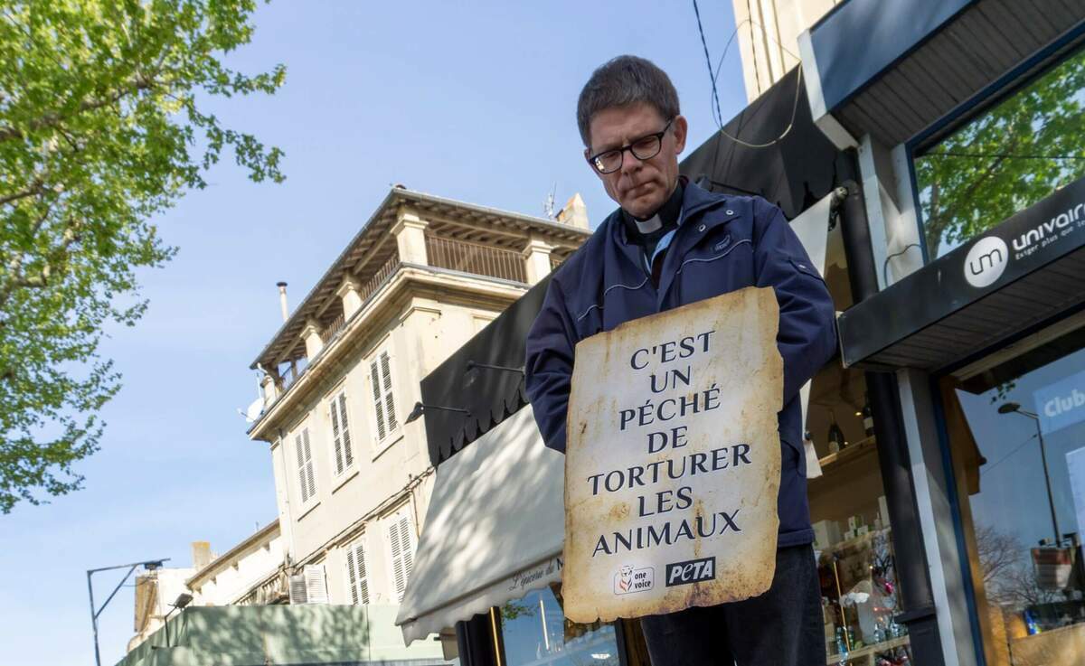 Arles : un prêtre proteste contre la corrida entouré de « taureaux morts » 