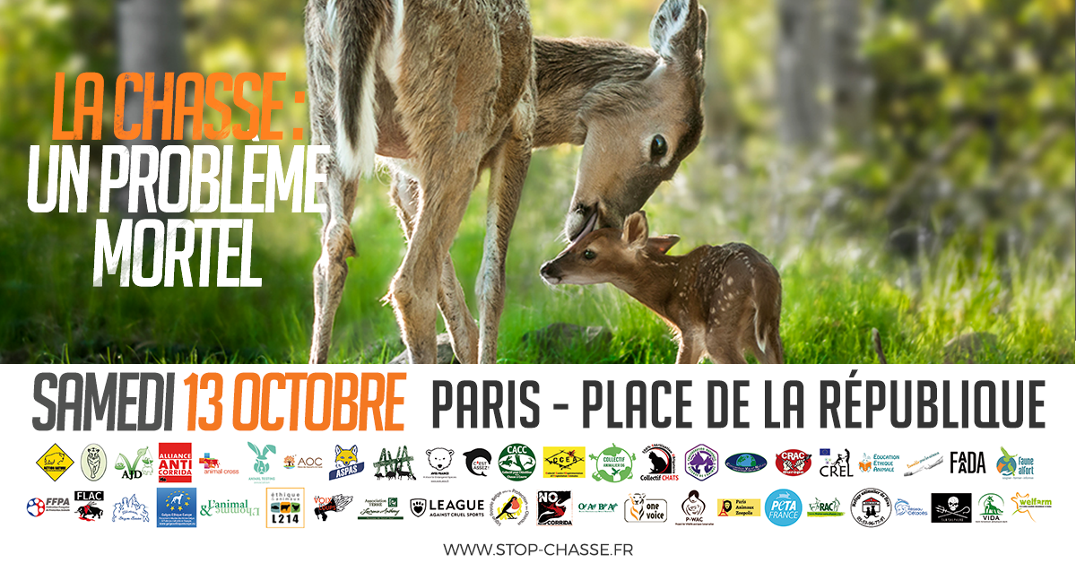 A united gathering "Hunting: A deadly problem ", Saturday 13th October 2018 at 2pm, at the Place de la République in Paris